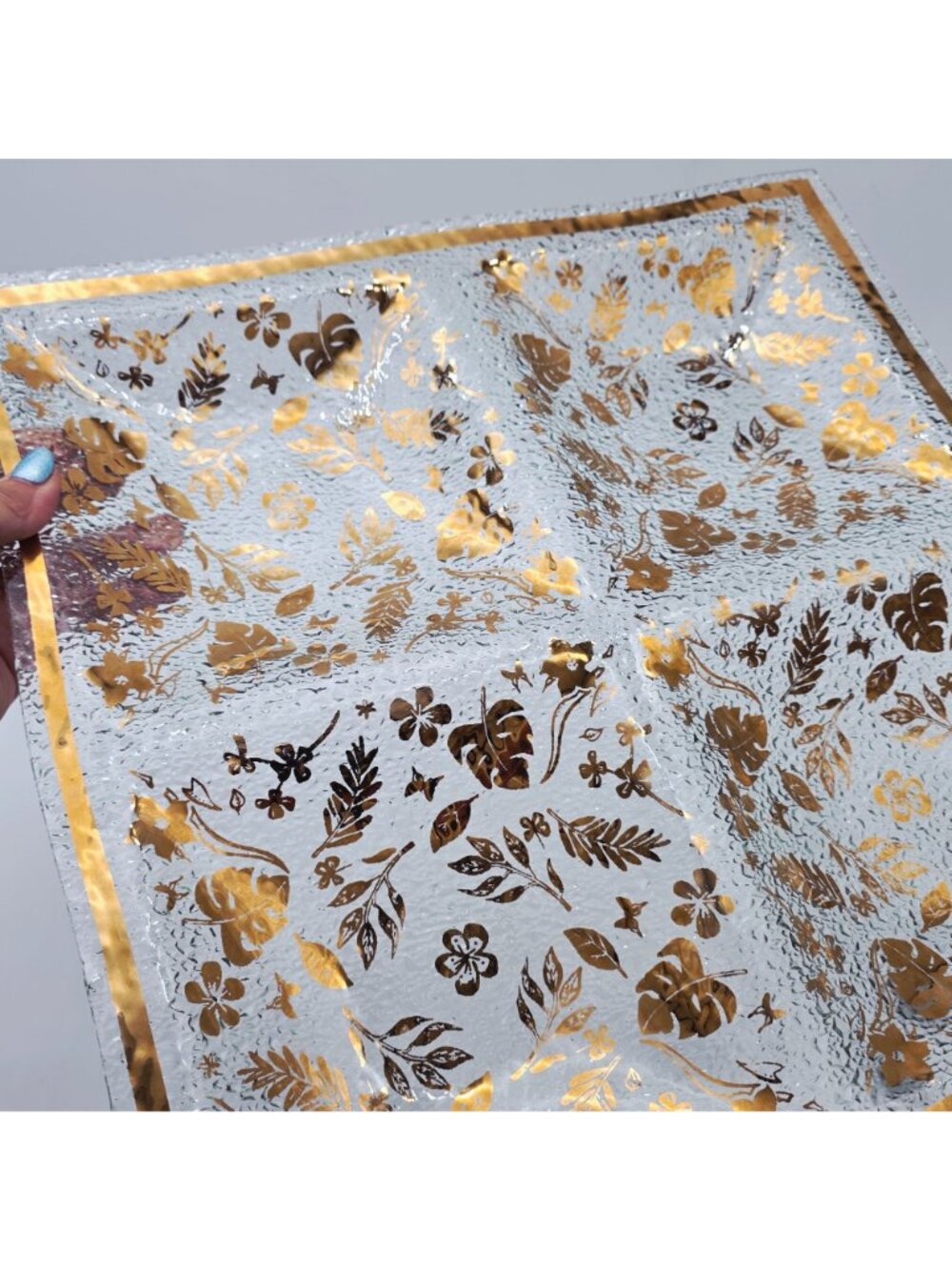 MCM Golden Foliage Divided Textured Glass Tray 4 Sections Large 16" x 16" - Picture 8 of 11